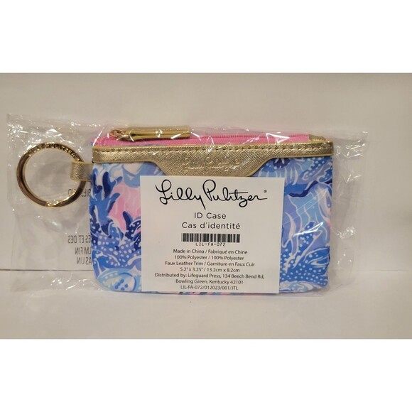 New Lilly Pulitzer Blue and Pink ID Case Key Chain Wallet Gold Tone Zip Closure - Picture 1 of 2